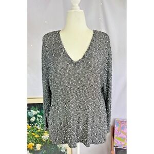Additions By Chicos Womens Deep V Neck Top XL Gray Open Knit Artsy Edgy Office